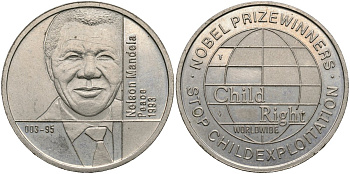 Нидерланды медаль ND серия лауреаты Нобелевской премии, Нельсон Манделла 1993, диаметр 30 мм. медно-никель 4593-1246