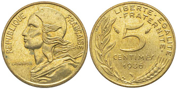 ФРАНЦИЯ 5 САНТИМОВ 1986 ТИП MARIANNE KM 933, LE FRANC 125.22 медь алюминий никель 116-454
