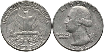 США 25 центов = квотер 1982 D, Вашингтон KM А164а медь плакированная медно-никелем 113-513