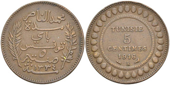 Тунис 5 сантимов 1916 A KM 235 бронза     4523-757
