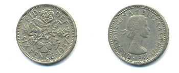 Великобритания 6 пенсов 1957 Елизавета II (1952-2022) KM 903, Spink 4149 медно-никель 80-922