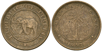 Либерия 1/2 цента 1937 KM 10 латунь 4174-414