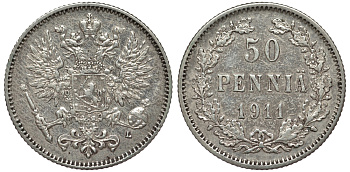 Россия для Финляндии 50 пенни 1911 L, Николай II (1894-1917) КМ 2.2, Биткин 404 серебро 75-856