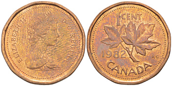 Канада 1 цент 1982 Елизавета II (1952-2022), кленовый лист KM 132 бронза 4181-1263