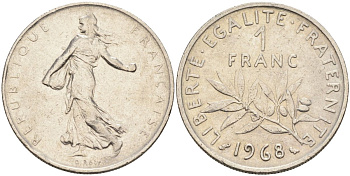 Франция 1 франк 1968 сеятель, тип Semeuse KM 925, Le Franc 226.13 никель 4592-1112