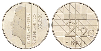 Нидерланды 2 1/2 гульдена 1996 Беатрикс (1980-2013), редкий год KM 206 никель UNC 4367-715