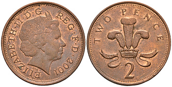 Великобритания 2 пенса 2001 Елизавета II (1952-2022) KM 987, Spink 4690 (C5) сталь плакированная медью 177-745
