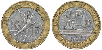 Франция 10 франков 1988 тип гений Бастилии KM 964.1, Le Franc 375.2 биметалл 45-512