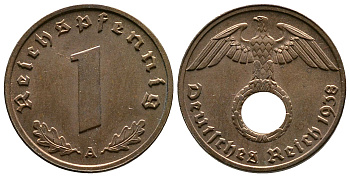 Германия 1 рейхспфенниг 1938 A KM 89, J. 361 бронза    220-246