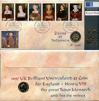 Великобритания 1 фунт 1997 Елизавета II (1952-2022), в оригинальном конверте, с марками, первый день гашения KM 975, Spink J12 медно-никель BU 4-3-8-53