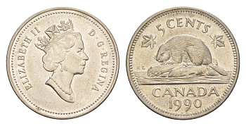 Канада 5 центов 1990 Елизавета II (1952-2022), бобр KM 182 медно-никель 4636-619