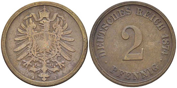 ГЕРМАНИЯ 2 ПФЕННИГА 1874 A, СТАРОГЕРБОВКА KM 2, J. 2, Weege 3 медь 212-453