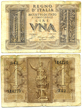 Италия 1 лира 1939 Pick 26, Grapanzano BS 6 бумага 7484-11-3-1