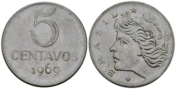 Бразилия 5 сентаво 1969  голова свободы влево KM 577.2, Schon 82a нержавеющая сталь 4138-512