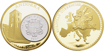 АНДОРРА МЕДАЛЬ С МОНЕТОЙ ЕВРОПЕЙСКИЕ ВАЛЮТЫ, АРХИТЕКТУРА PROOF 01-240-13