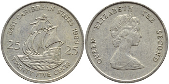 Восточно-Карибские штаты 25 центов 1989 Елизавета II (1952-2022), парусник KM 14 медно-никель 86-1231