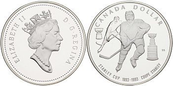 Канада 1 доллар 1993 кубок Стенли по хоккею с шайбой KM 235 серебро PROOF 1076-2-22
