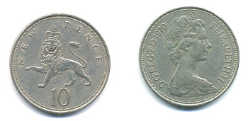 Великобритания 10 пенсов 1970 Елизавета II (1952-2022) KM 912, Spink 4231 (F1) медно-никель 3999-334