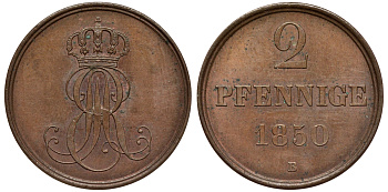 Ганновер 2 пфеннига 1850 B, Эрнст Август (1837-1851) KM 202.1, AKS 124, J. 75 медь aUNC 75-1945