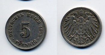 ГЕРМАНИЯ 5 ПФЕННИГОВ 1909 D, KM 11, J. 12 медно-никель 84-357