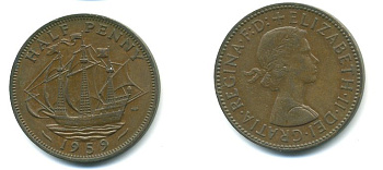 Великобритания 1/2 пенни 1959 Елизавета II (1952-2022) KM 896, Spink 4158 бронза 3999-125