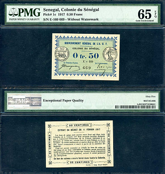 Сенегал 0,5 франка 1917 без водяного знака, в слебе PMG Gem Uncirculated 65, высший грейд, только еще 1 бона имеет грейд 65 Pick 1 c  бумага  UNC (пресс) 452-2-20