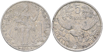 Французская Новая Каледония 5 франков 2001 птица кагу, (IEOM) KM 16, Schoen 12, Lec 81f алюминий 189-443