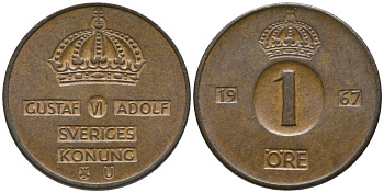 Швеция 1 эре 1967 U, Густав VI Адольф (1950-1973) KM 820 бронза 4387-144