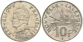 Французская Новая Каледония 10 франков 2008 рыбачья парусная лодка, (IEOM) KM 11a, Schoen 13a, Lec 99k медно-никель 60-321