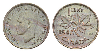 Канада 1 цент 1947 Leaf, Георг VI (1936-1952), кленовый лист KM 32 бронза 4639-264
