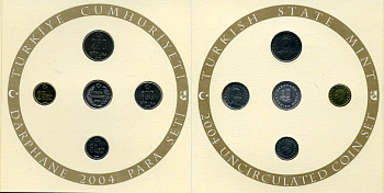 Турция официальный набор из 4 монет + жетон 2004 25000, 50000, 100000 и 250000 лир, буклет  медно-никель  UNC 7-3-1-16