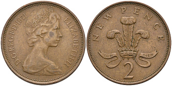 Великобритания 2 пенса 1971 Елизавета II (1952-2022) КМ 916, Spink 4235 (C1) бронза 4565-435