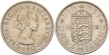 Великобритания 1 шиллинг 1958 Елизавета II (1952-2022), Английский герб KM 904, Spink 4147 медно-никель 4591-1044
