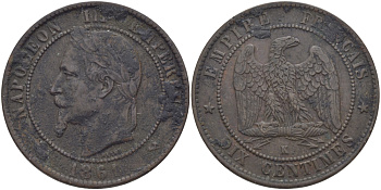 ФРАНЦИЯ 10 САНТИМОВ 1861 K, НАПОЛЕОН III (1852-1870) KM 798.3, LA FRANC 134.4 бронза 97-1036