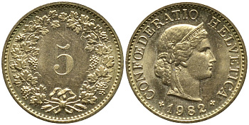 Швейцария 5 раппенов 1982 KM 26с алюминий латунь 4528-652
