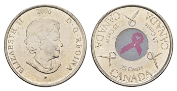 Канада 25 центов 2006 Розовая ленточка - Борьба с раком молочной железы KM 635 сталь плакированная никелем UNC 4652-1136