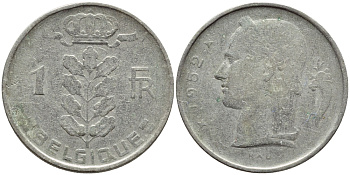 БЕЛЬГИЯ 1 ФРАНК 1952 BELGIQUE KM 142.1 медно-никель 4395-511