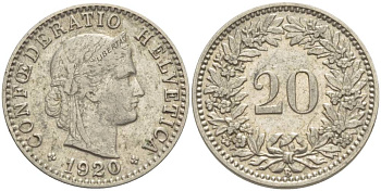 Швейцария 20 раппенов 1920 В KM 29 никель 4514-532