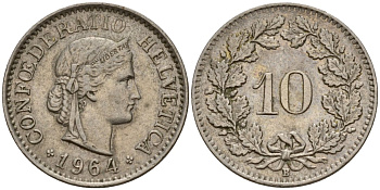 Швейцария 10 раппенов 1964 B KM 27 медно-никель 4189-535