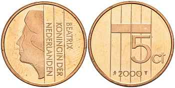 Нидерланды 5 центов 2000 Беатрикс (1980-2013) KM 202 бронза UNC 4116-313