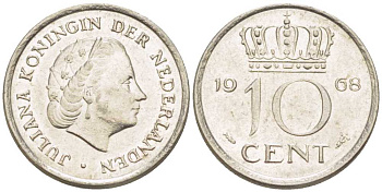 НИДЕРЛАНДЫ 10 ЦЕНТОВ 1968 ЮЛИАНА (1948-1980) KM 182 никель 214-1231