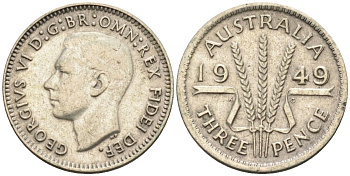 Австралия 3 пенса 1949 KG, Георг VI (1937-1952) KM 44 серебро 4585-263