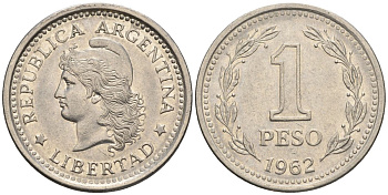 Аргентина 1 песо 1962 голова свободы влево KM 57, Schon 57 сталь плакированная никелем    60-1021