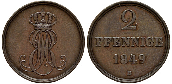 Ганновер 2 пфеннига 1849 B, Эрнст Август (1837-1851) KM 202.1, AKS 124, J. 75 медь 75-1926