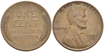 США 1 ЦЕНТ 1951 ЛИНКОЛЬН KM А132 медь цинк 218-549