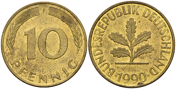 ФРГ 10 пфеннигов 1990 F KM 108, J. 383 сталь плакированная латунью 4171-232