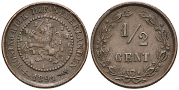 Нидерланды 1/2 цента 1891 Вильгельмина (1890-1948) KM 109 бронза 4576-311