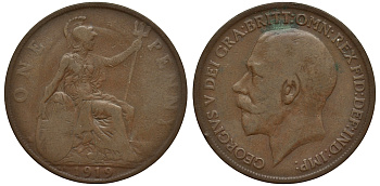 Великобритания 1 пенни 1919 KN Георг V (1910-1932) KM 810, Spink 4053 бронза 1524-522