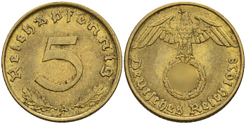 Германия 5 рейхспфеннигов 1938 A KM 91, J. 363 алюминиевая бронза 4151-828