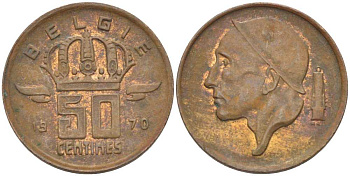 Бельгия 50 сантимов 1970 Belgie, Бодуэн I (1951-1993) KM 149.1 бронза 3458-117